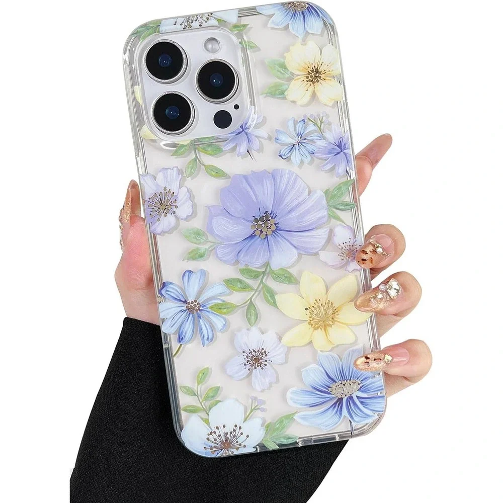 Floral Clear iPhone 14‎ Pro Max Case Purple Yellow Blue Flower TPU Cover
